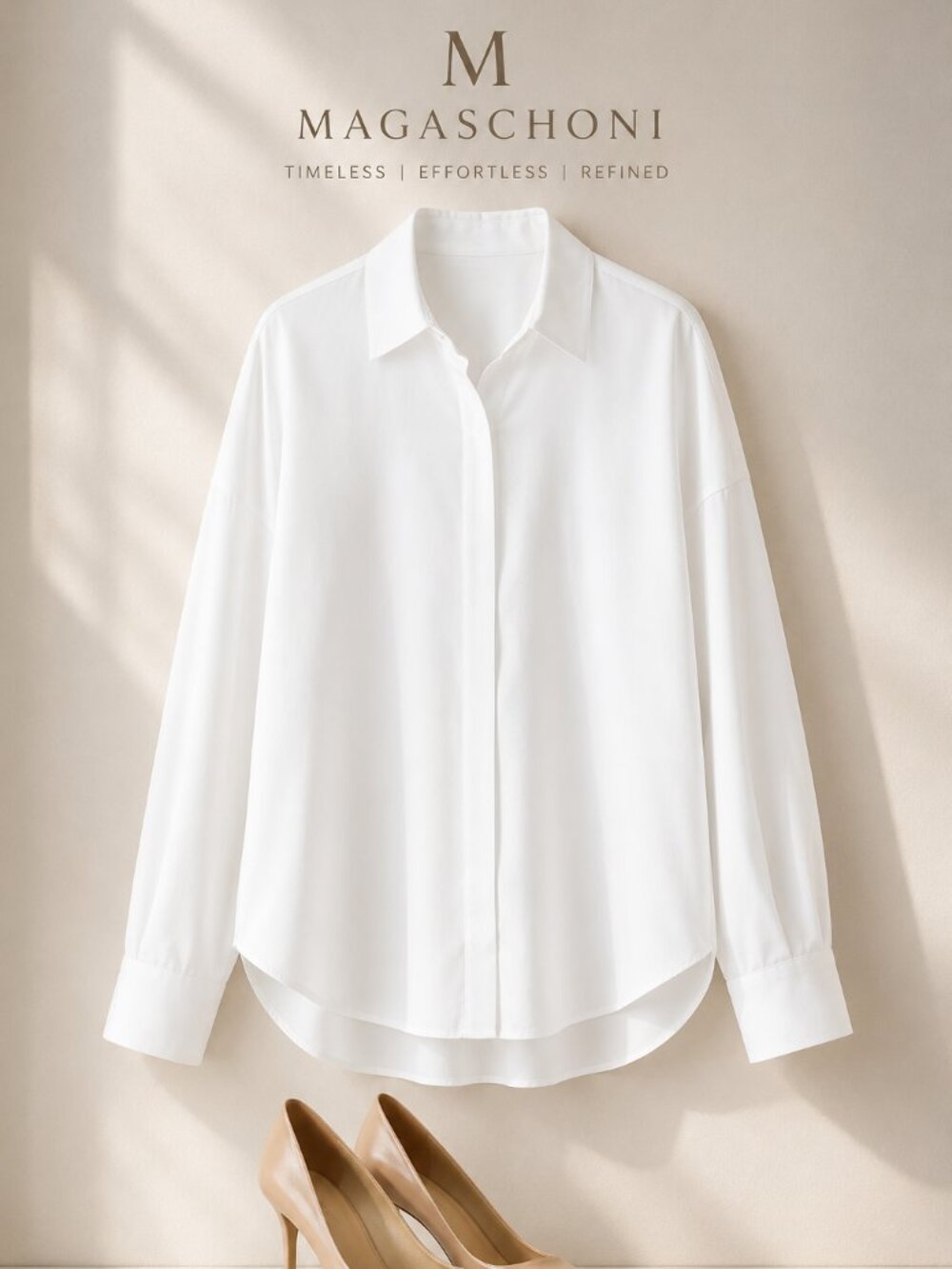 M Magaschoni White Drop Shoulder Point Collar Blouse Size Large NWT